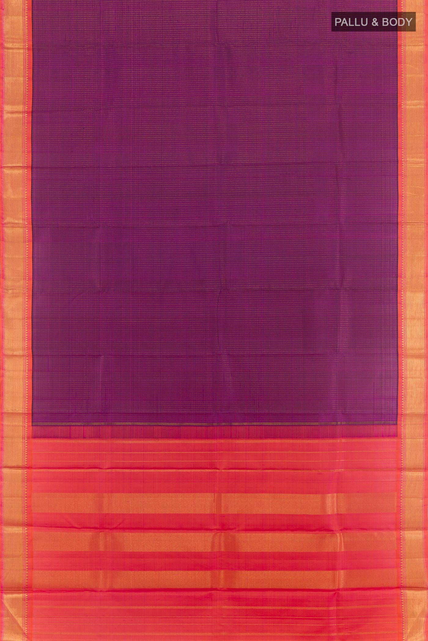 Flat view of Purple Kanchipuram Silk Saree with Checked design on the body and Zari Border. 