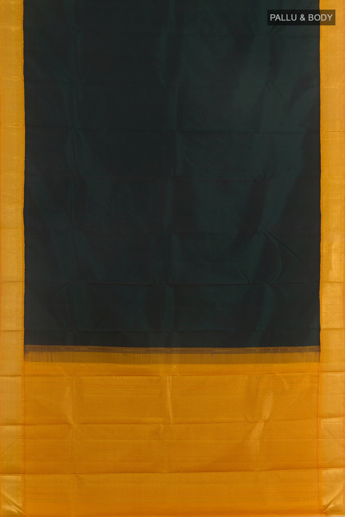 Flat view of Pure Silk Bottle Green Kanchipuram Saree with Plain Body and Zari Border. 