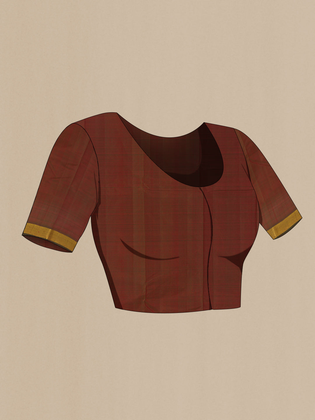 Close up image of the blouse of Red Kanjivaram Silk Saree with Plain Body and Zari Border. 