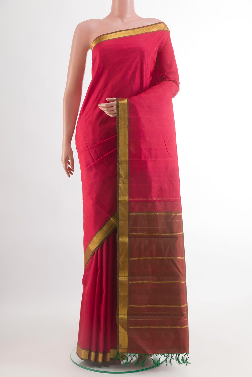Red Kanjivaram Silk Saree with Plain Body and Zari Border.  displayed on a mannequin