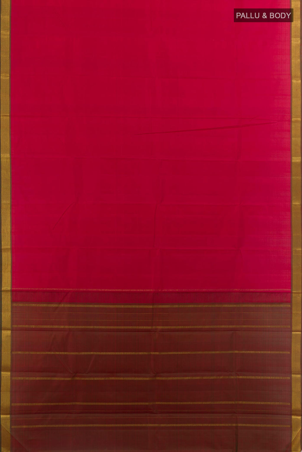 Flat view of Red Kanjivaram Silk Saree with Plain Body and Zari Border. 