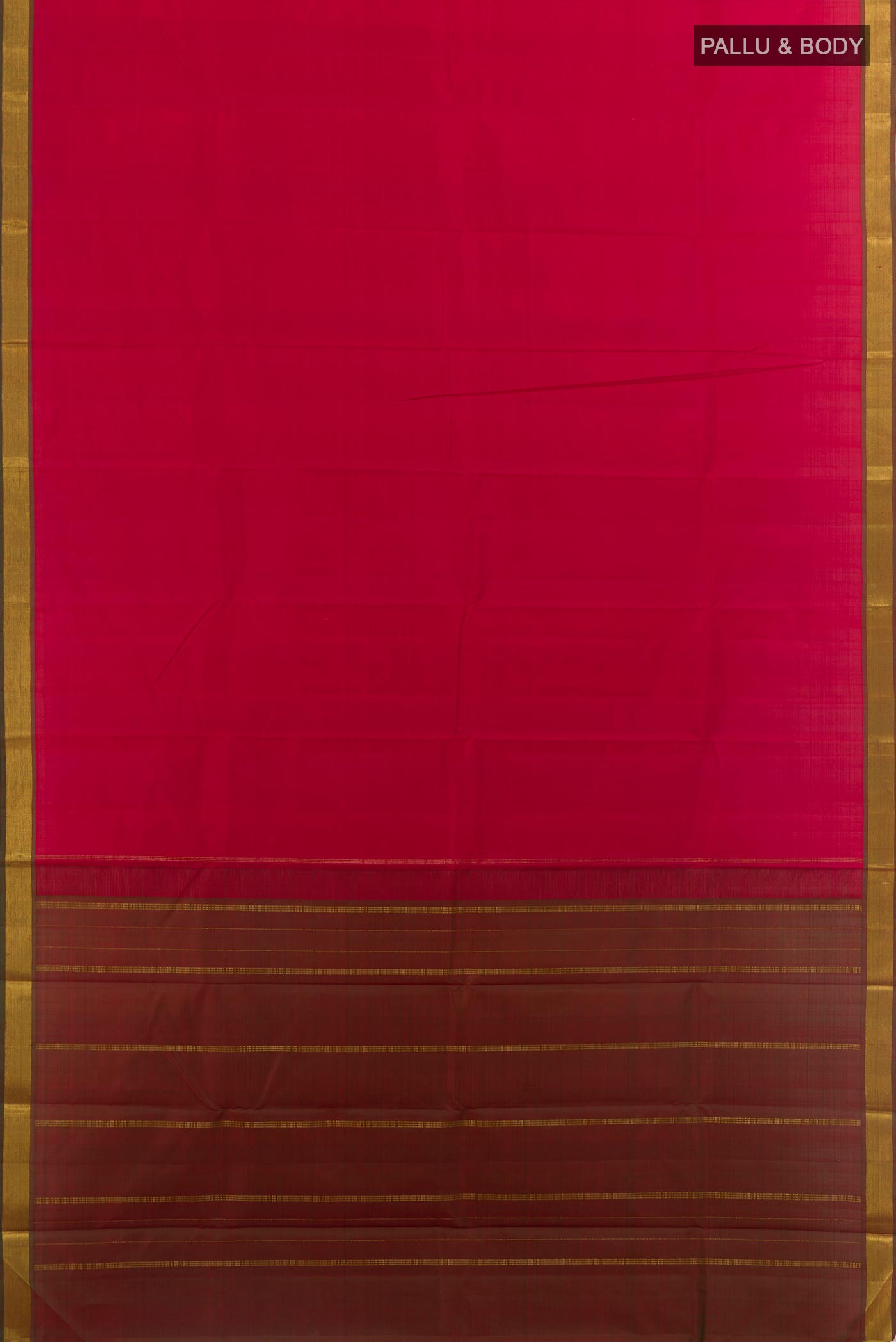 Flat view of Red Kanjivaram Silk Saree with Plain Body and Zari Border. 