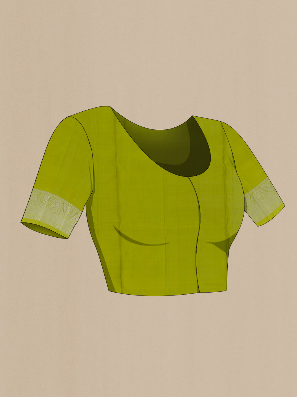 Close up image of the blouse of Green Soft Silk Saree with Zari Butta on the body and Zari Border. 