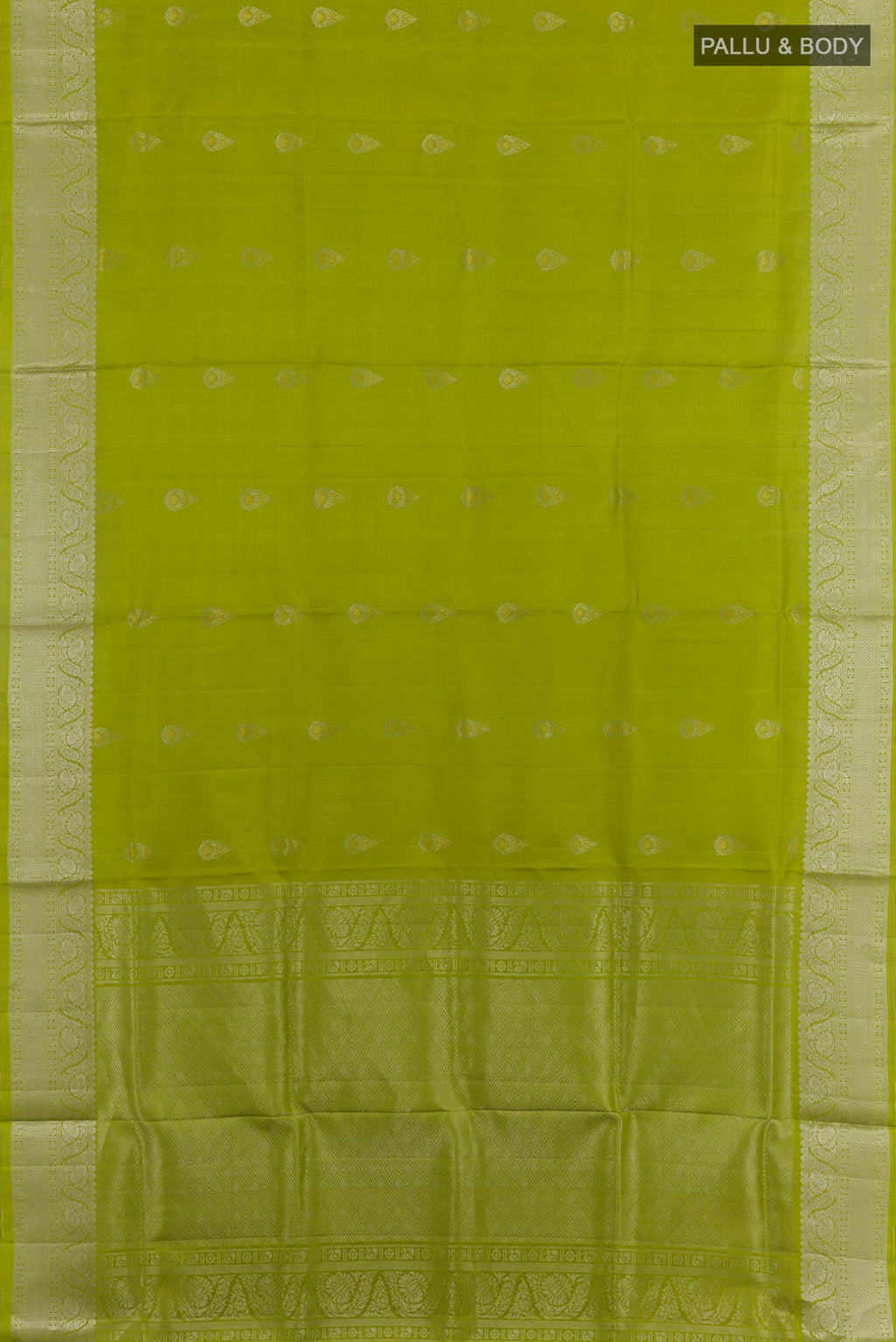 Flat view of Green Soft Silk Saree with Zari Butta on the body and Zari Border. 