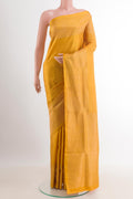 Yellow Soft Silk Saree with Plain Body and Zari Border.  displayed on a mannequin