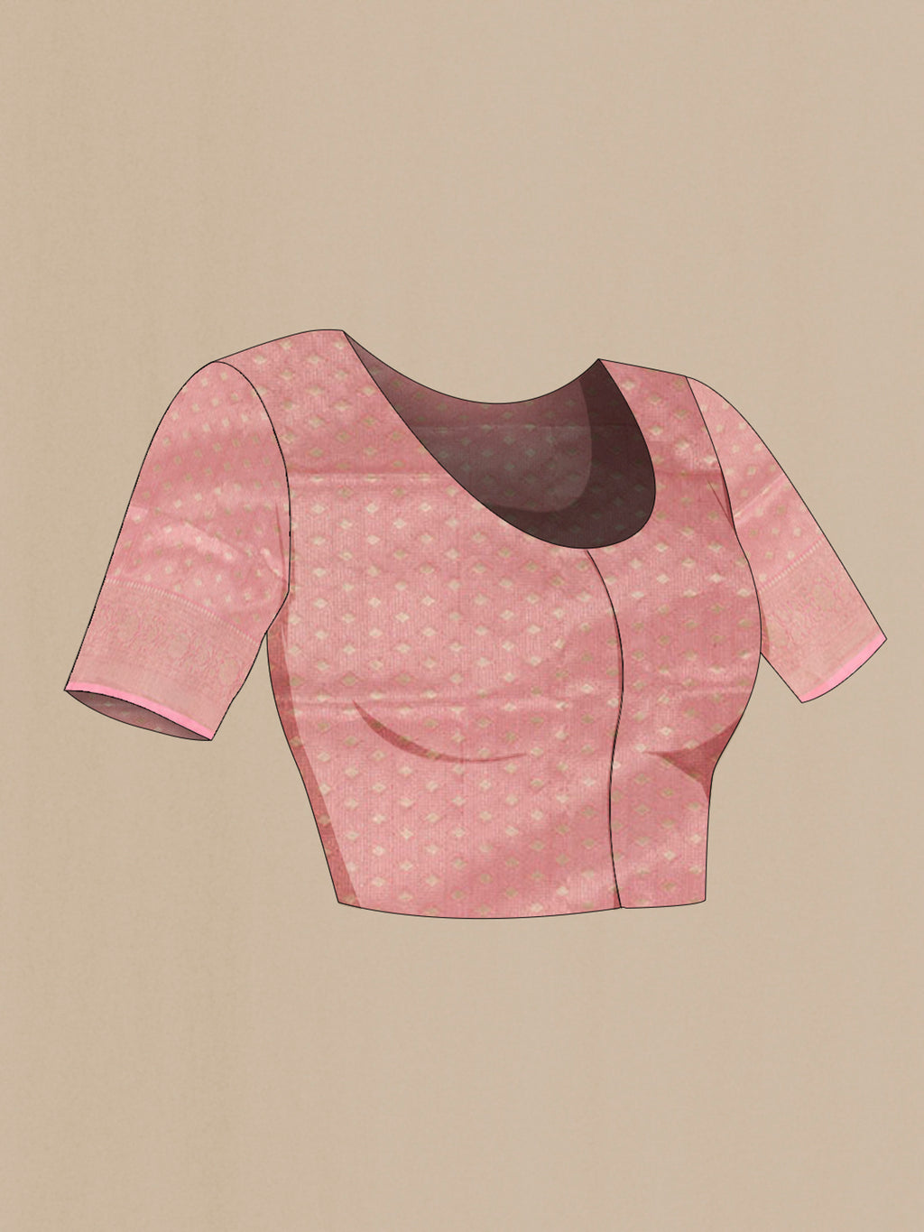 Close up image of the blouse of Pink Banarasi Silk Saree with Zari Brocade on the body and Zari Border. 