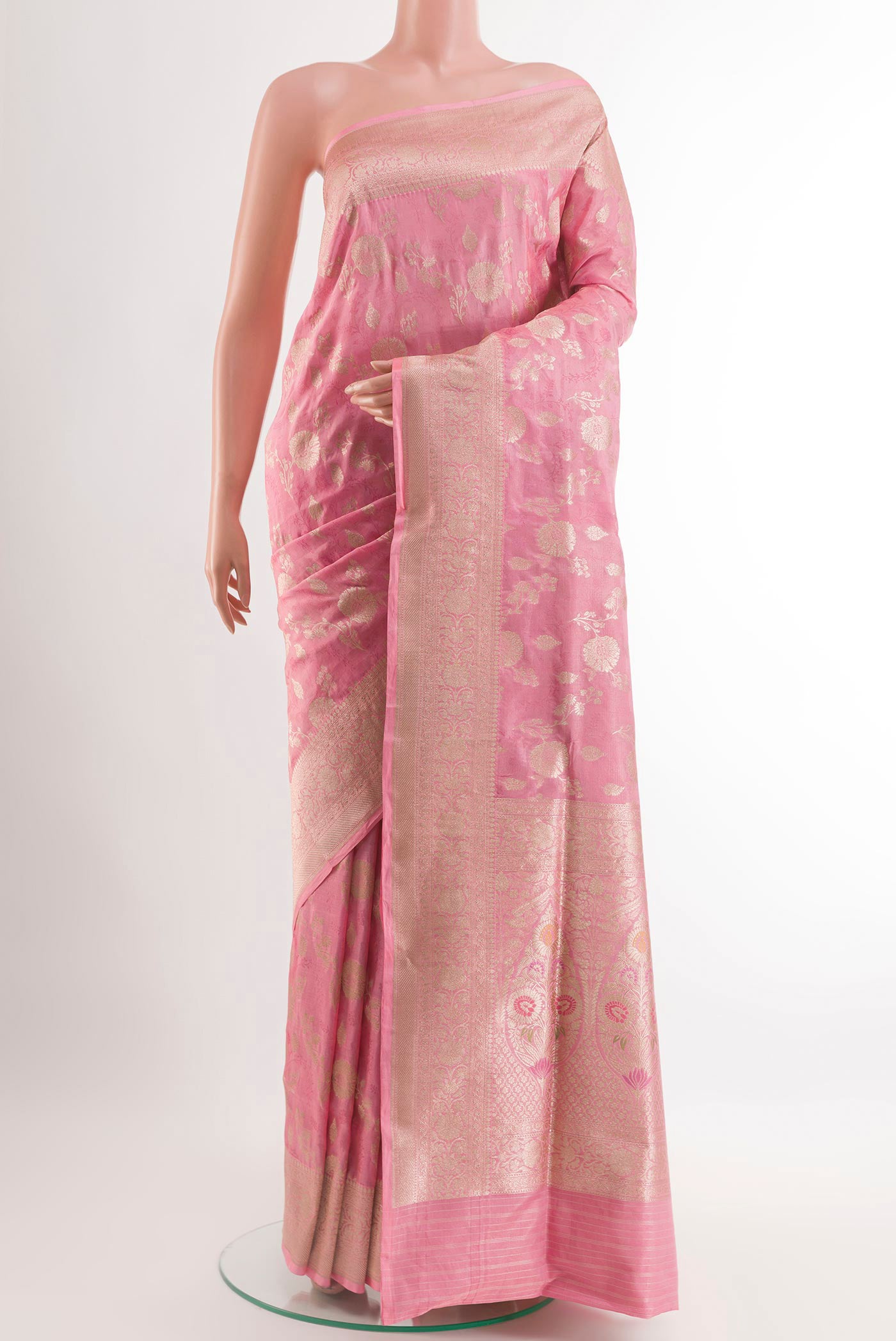 Pink Banarasi Silk Saree with Zari Brocade on the body and Zari Border.  displayed on a mannequin