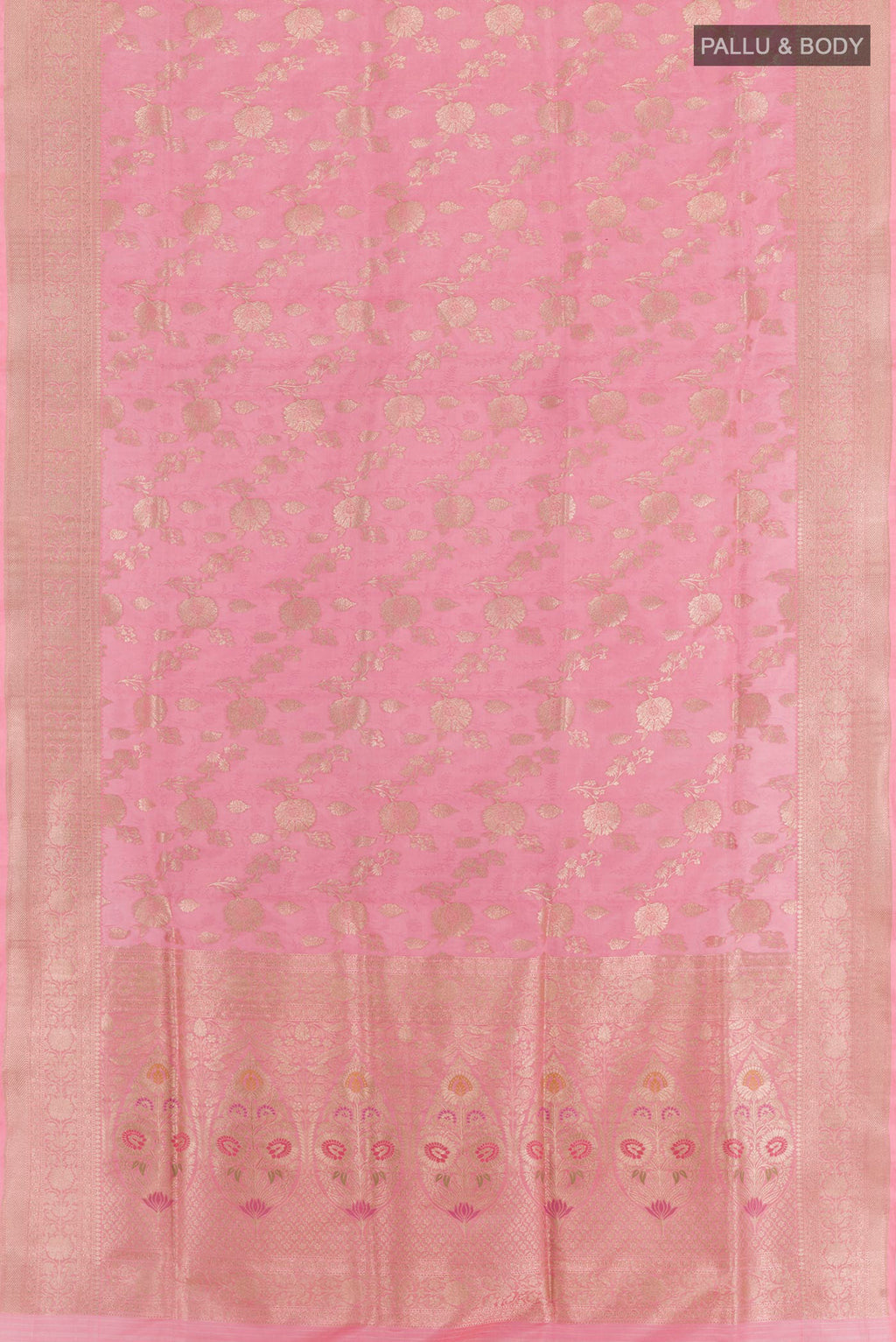 Flat view of Pink Banarasi Silk Saree with Zari Brocade on the body and Zari Border. 