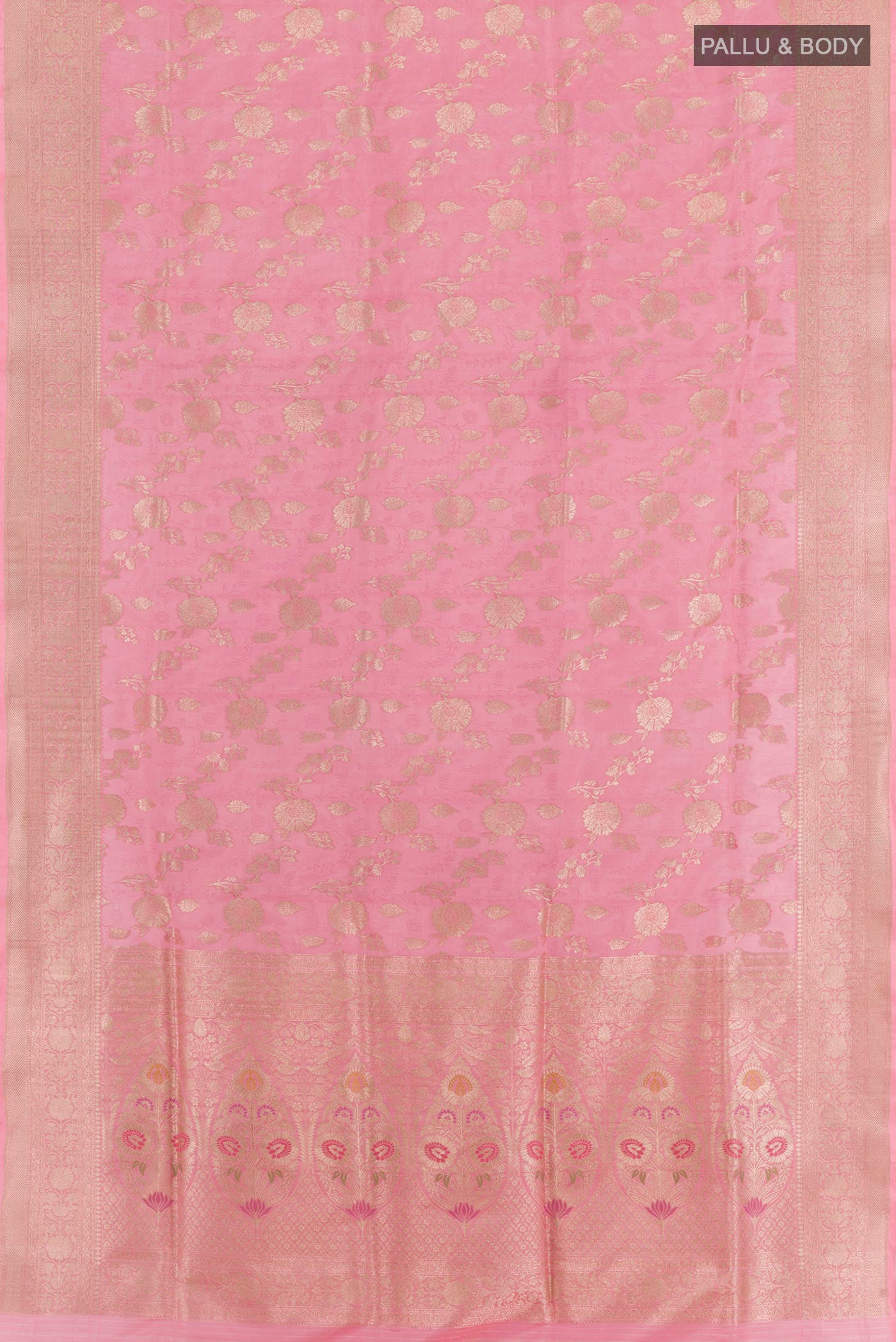 Flat view of Pink Banarasi Silk Saree with Zari Brocade on the body and Zari Border. 
