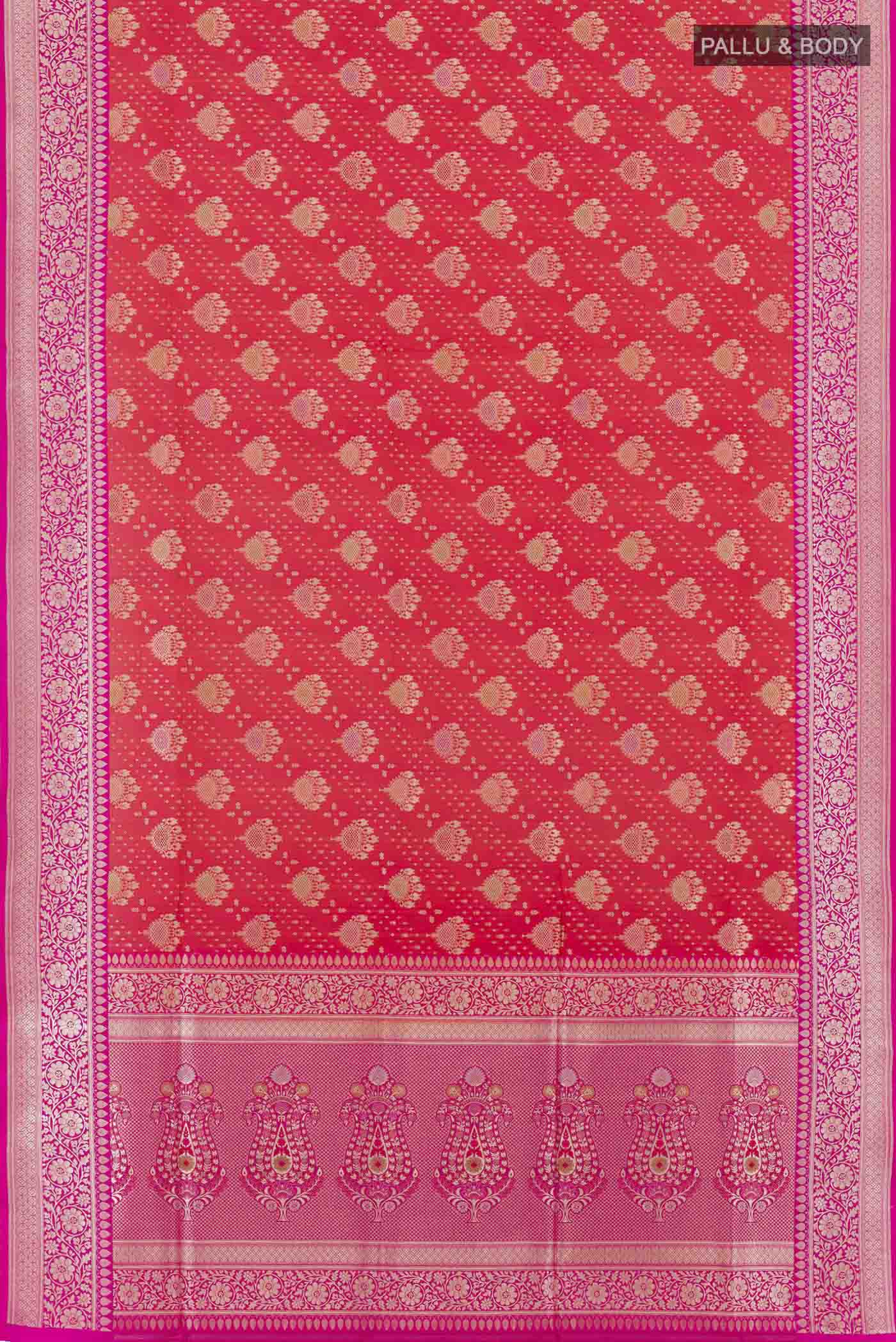 Flat view of Red Banarasi Silk Saree with Zari Butta on the body and Zari Border