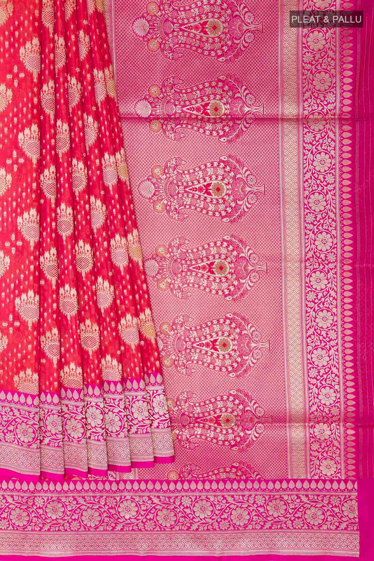 Pleats and pallu of Red Banarasi Silk Saree with Zari Butta on the body and Zari Border