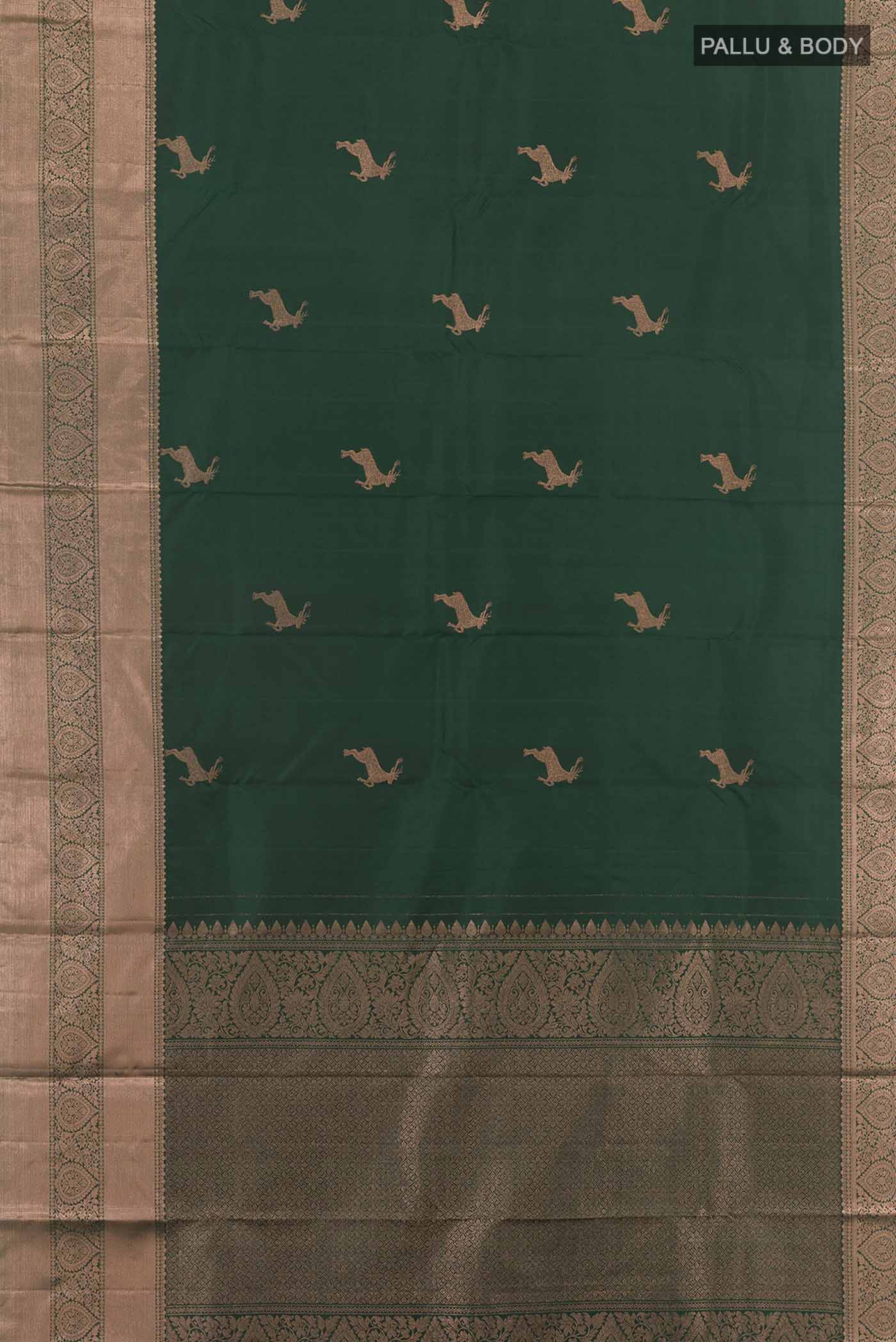 Flat view of Green Kanchipuram Silk Saree with Zari Butta on the body and Zari Border