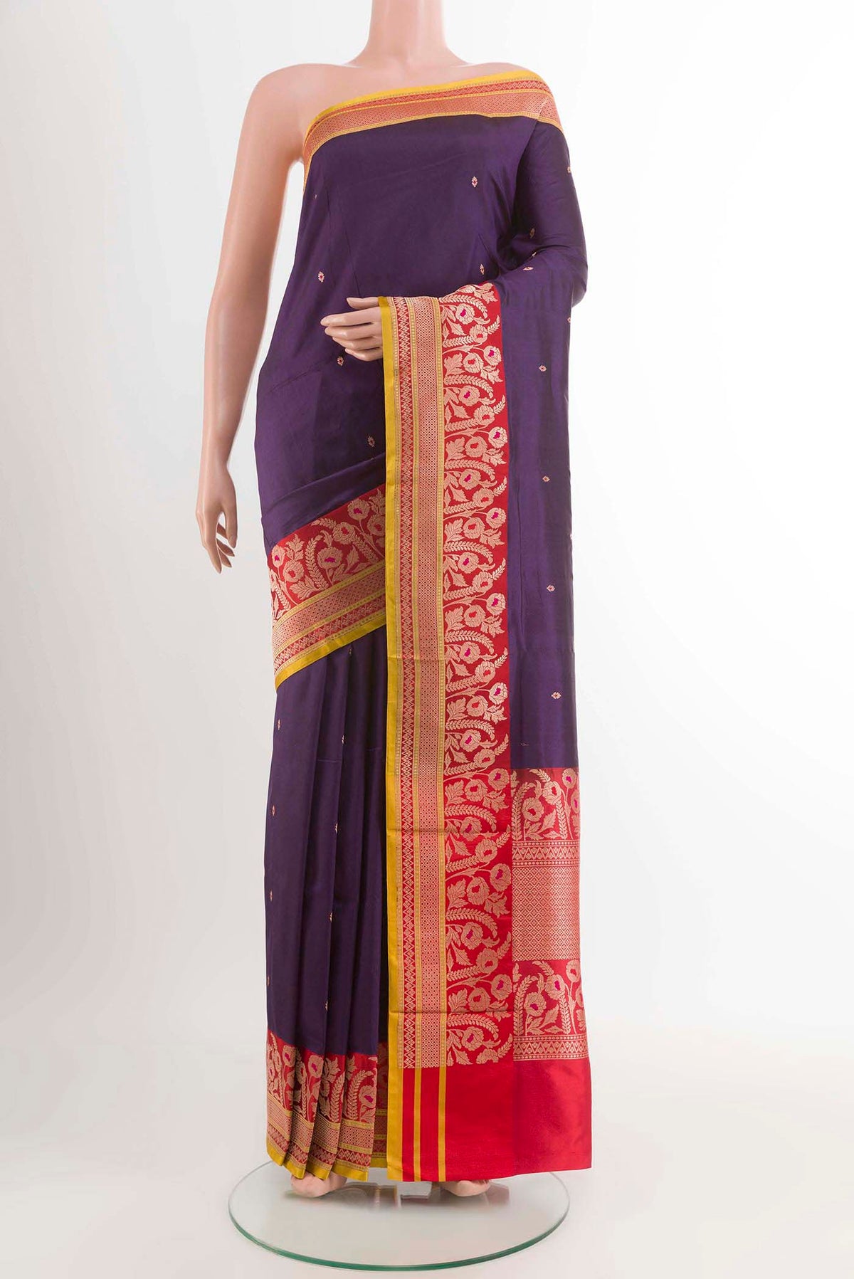 Purple Banarasi Katan Silk Saree with Zari Butta on the body and Zari Border displayed on a mannequin