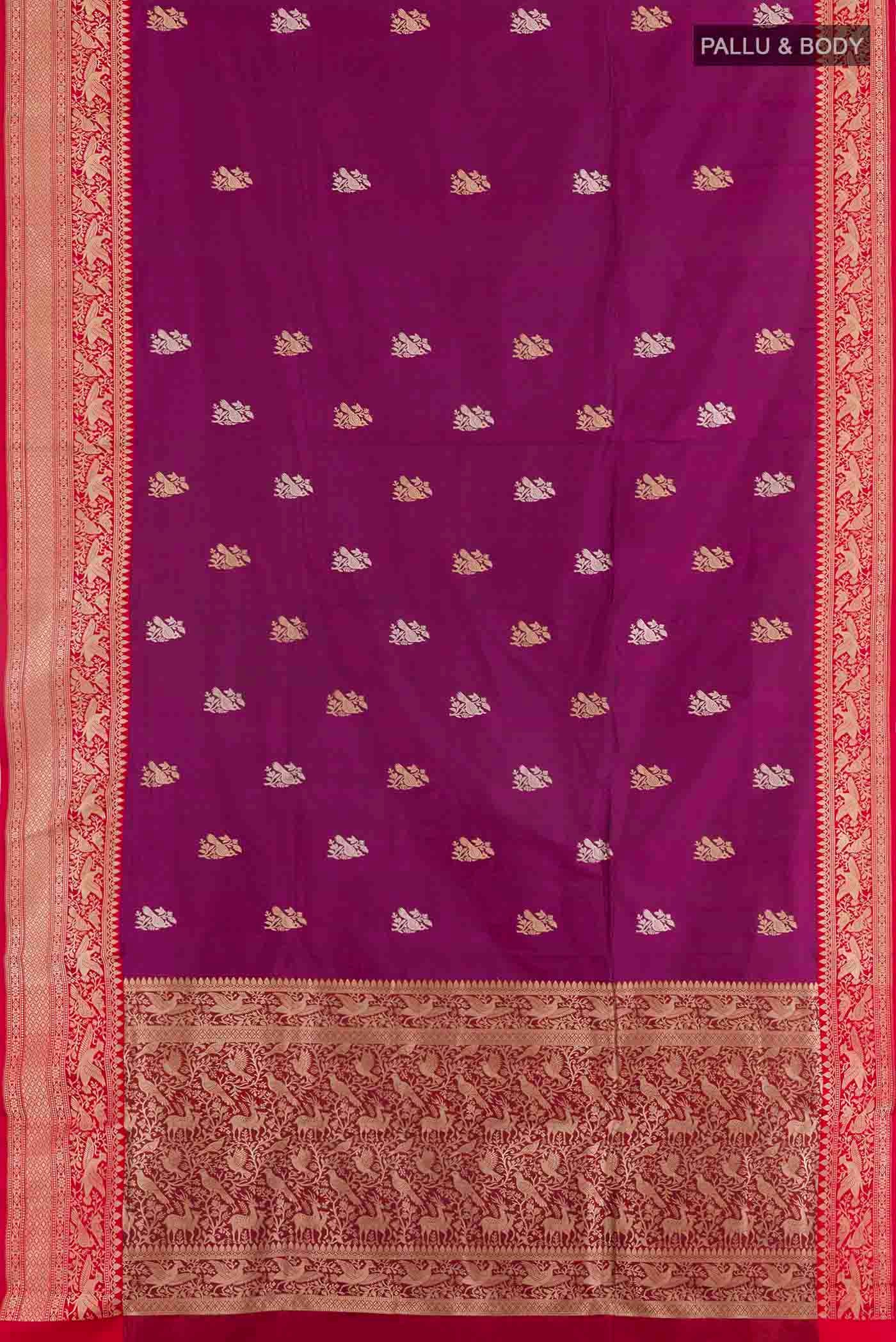 Flat view of Purple Banarasi Katan Silk Saree with Zari Butta on the body and Zari Border