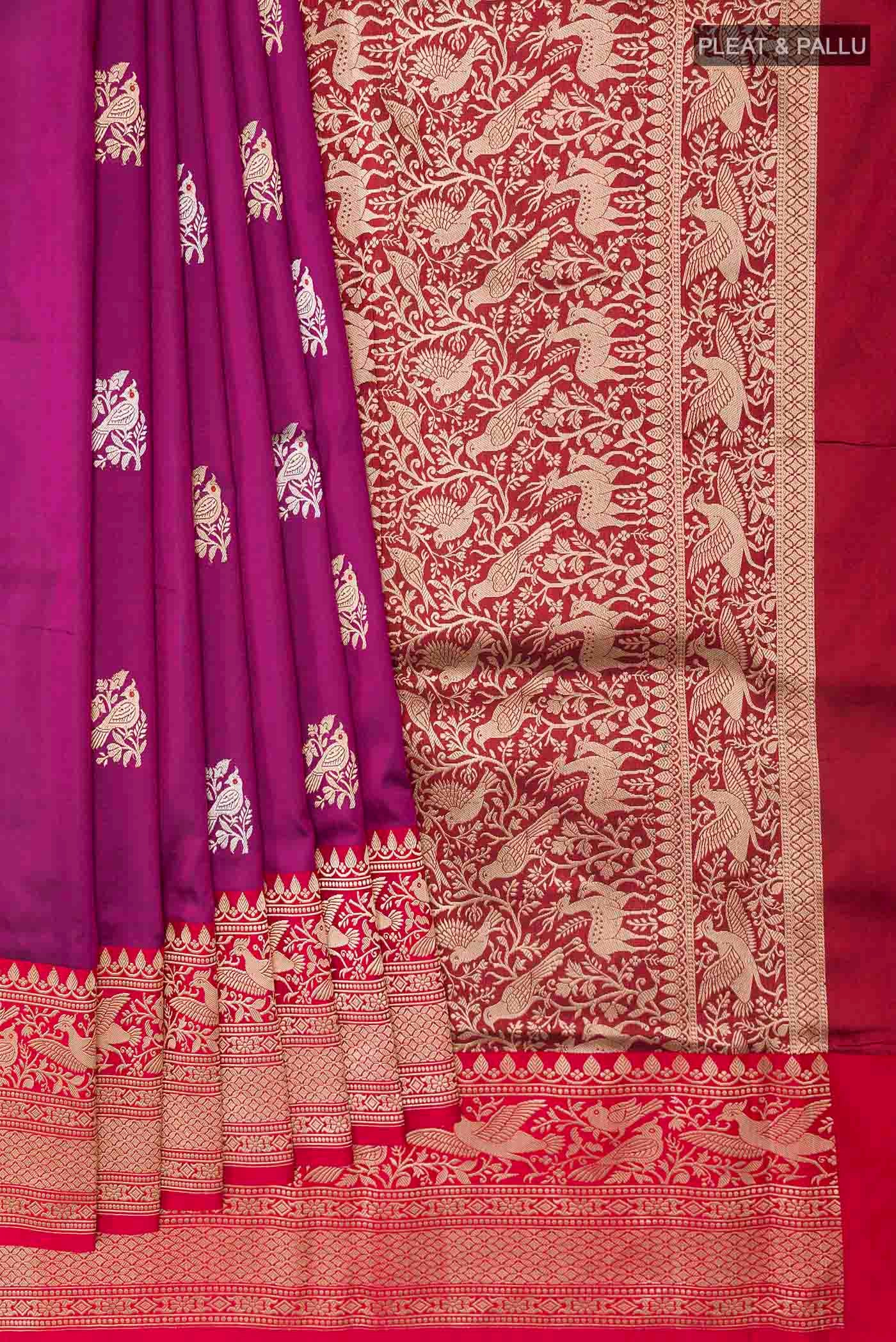 Pleats and pallu of Purple Banarasi Katan Silk Saree with Zari Butta on the body and Zari Border