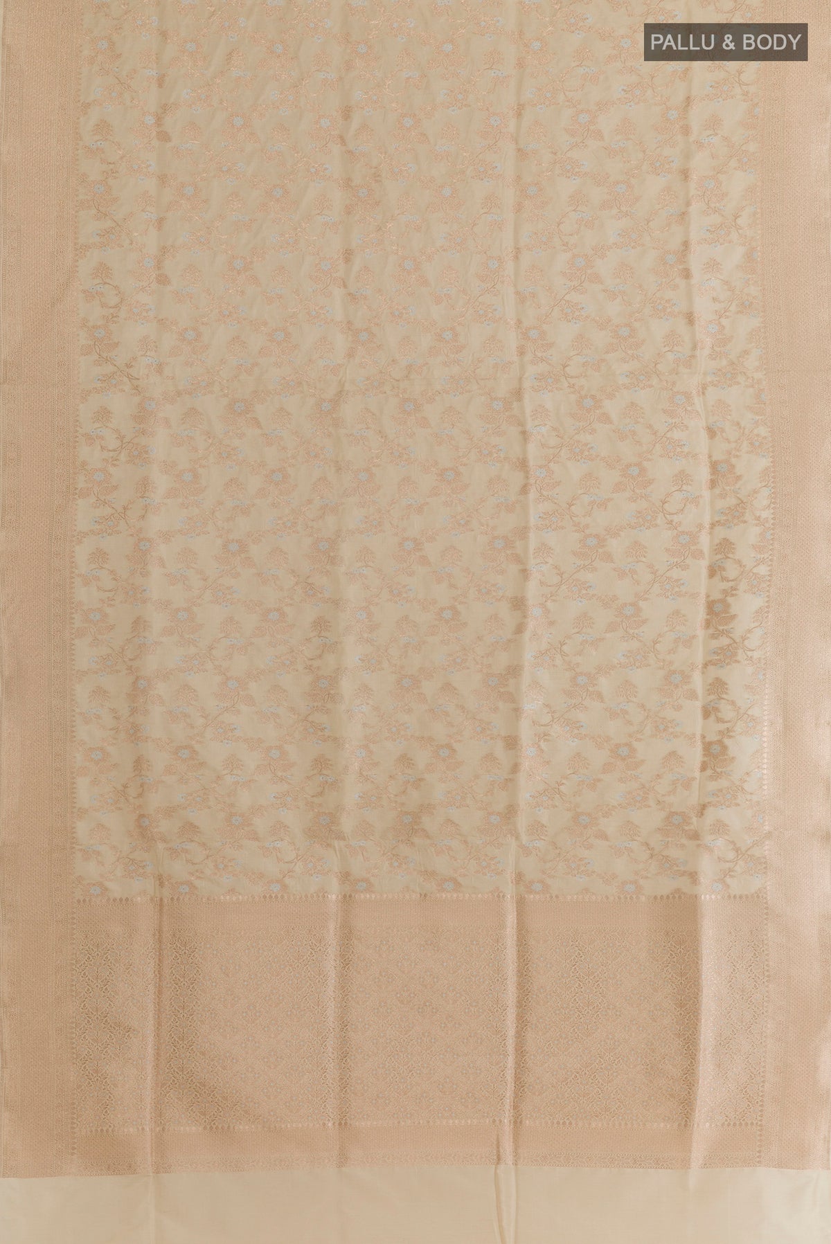 Flat view of Pure Silk Off White Banarasi Saree with Zari Brocade on the body and Zari Border. 