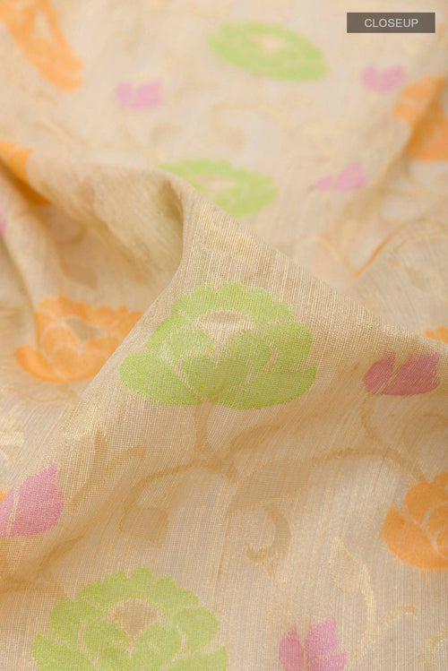 Close up of Beige Banarasi Kora Silk Saree with Thread Brocade on the body and Zari Border displaying folds