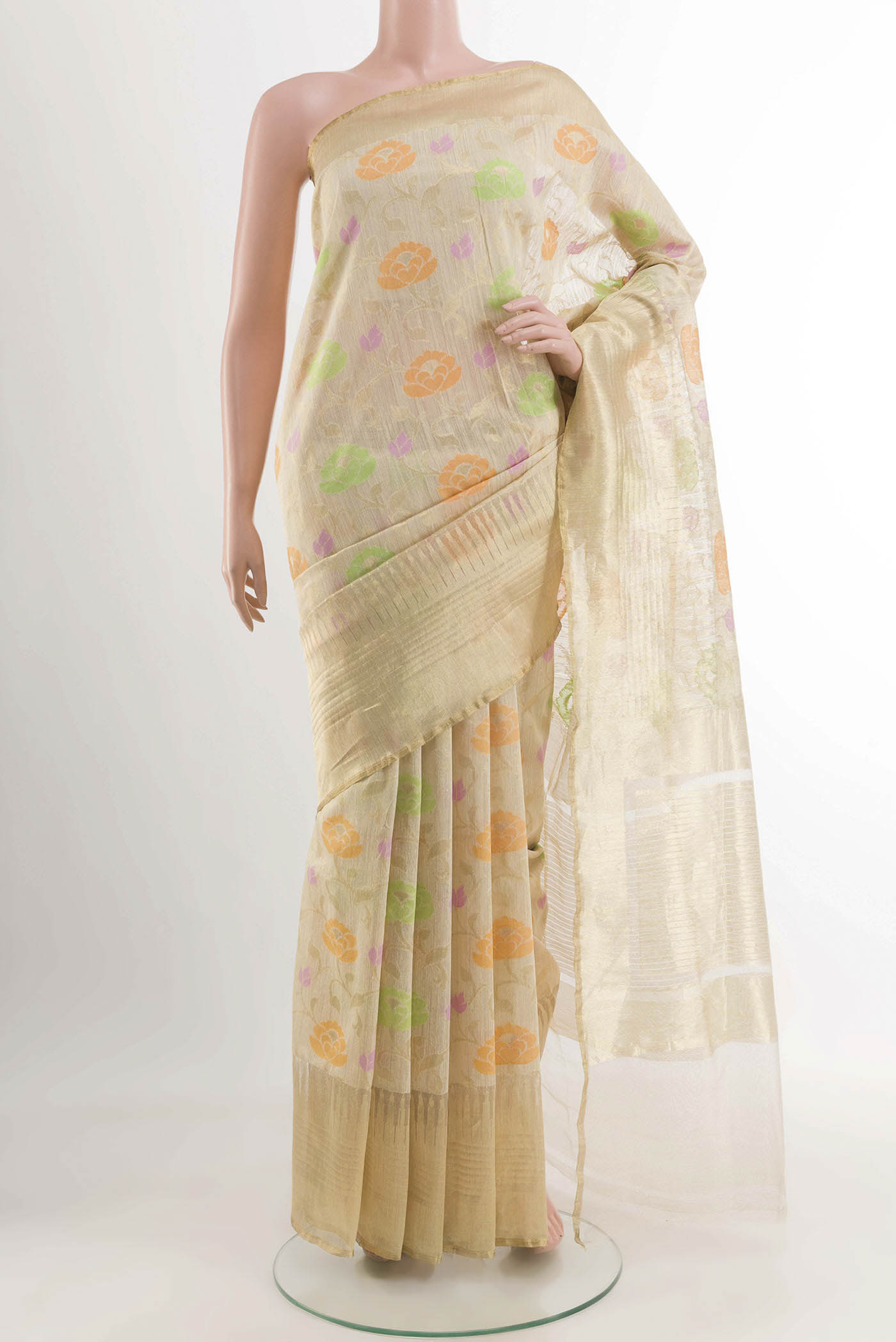 Beige Banarasi Kora Silk Saree with Thread Brocade on the body and Zari Border displayed on a mannequin
