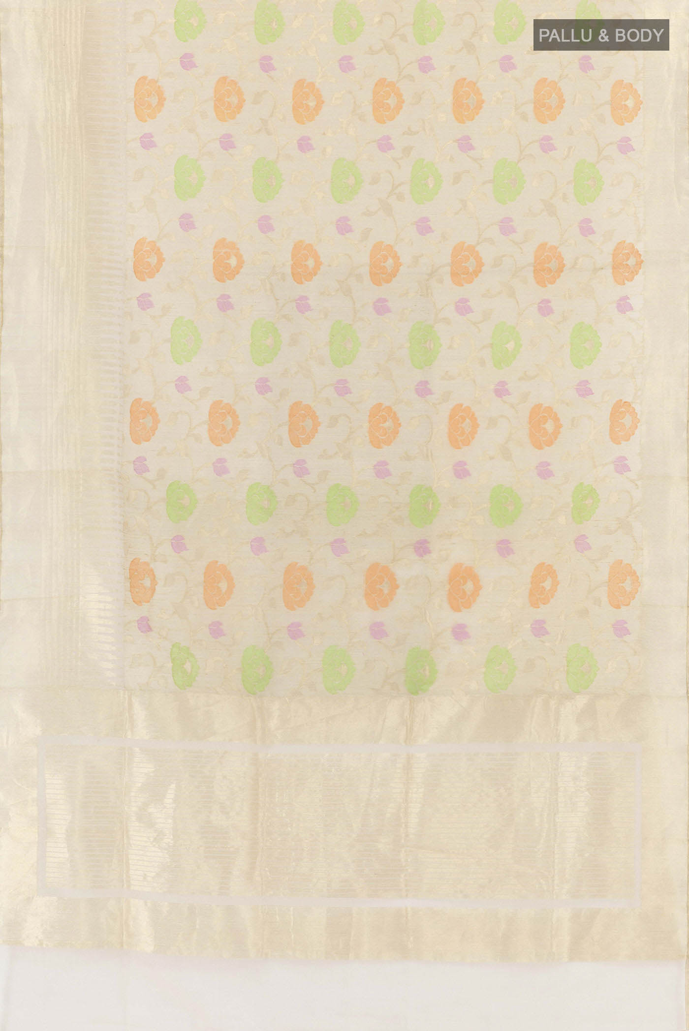 Flat view of Beige Banarasi Kora Silk Saree with Thread Brocade on the body and Zari Border