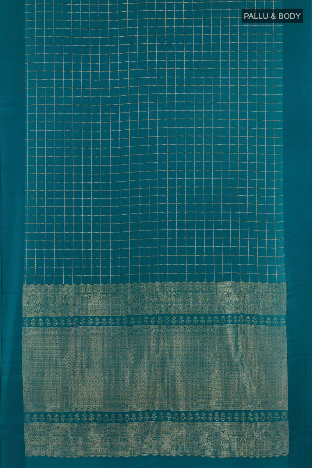 Flat view of Teal Mysore Crepe Saree with Checked design on the body and Plain Border. 
