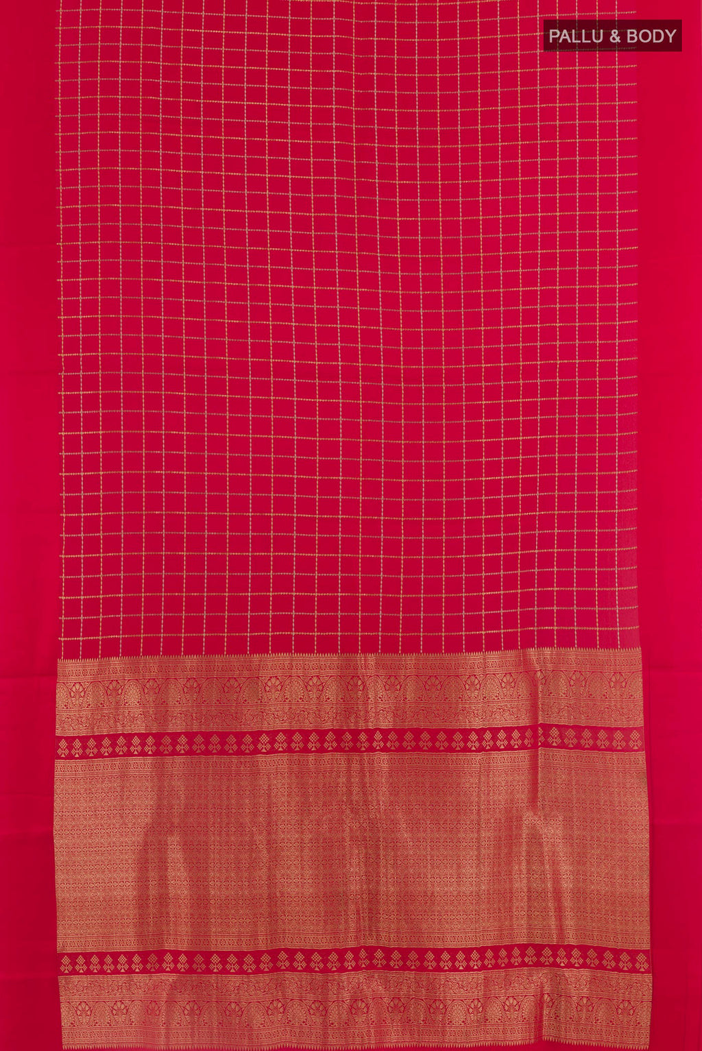 Flat view of Red Mysore Crepe Saree with Checked design on the body and Plain Border. 