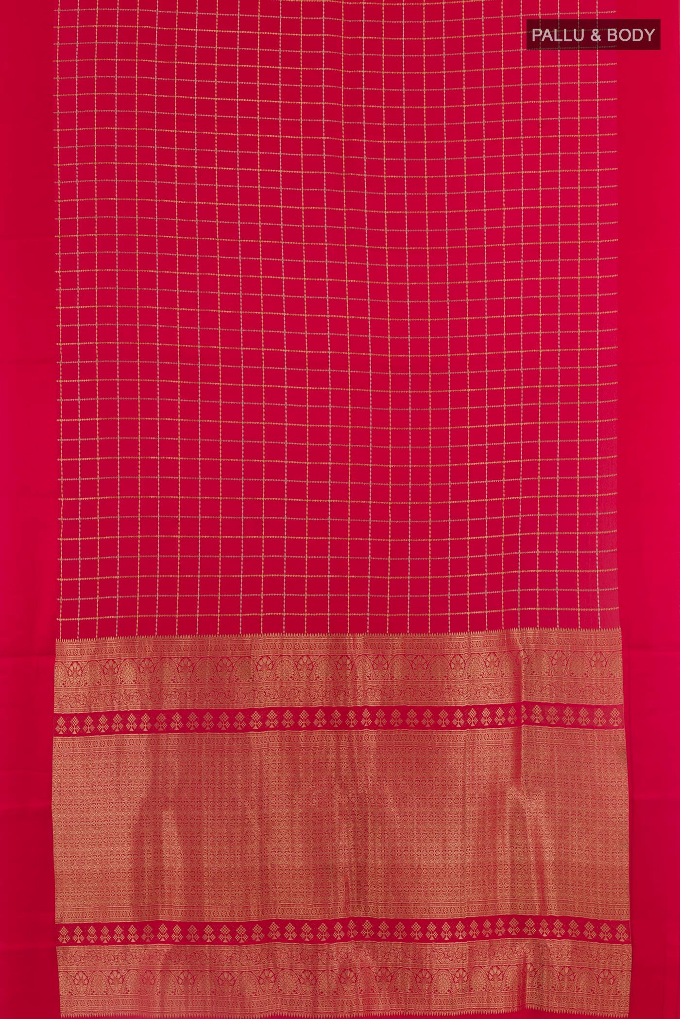 Flat view of Red Mysore Crepe Saree with Checked design on the body and Plain Border. 