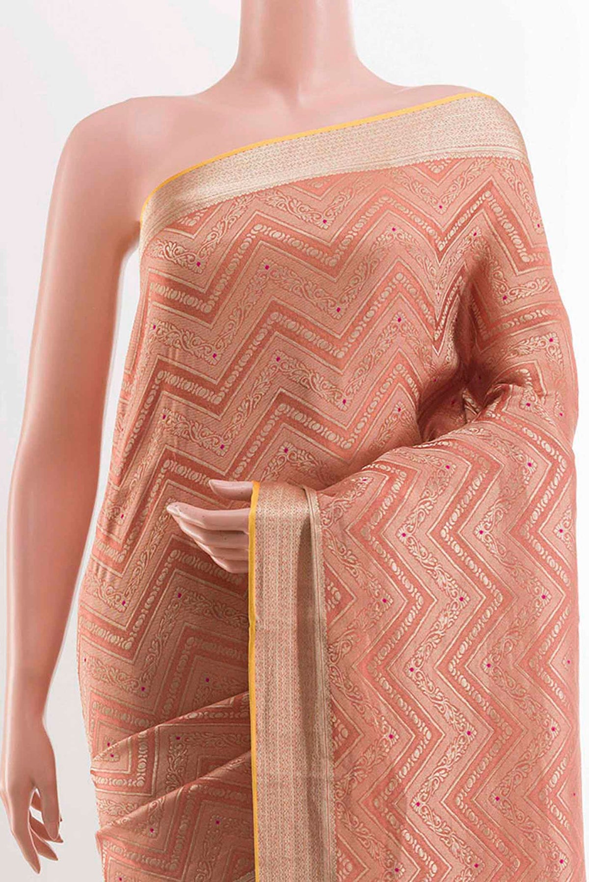 Border image of Peach Mysore Crepe Saree with Zari Brocade on the body and Zari Border