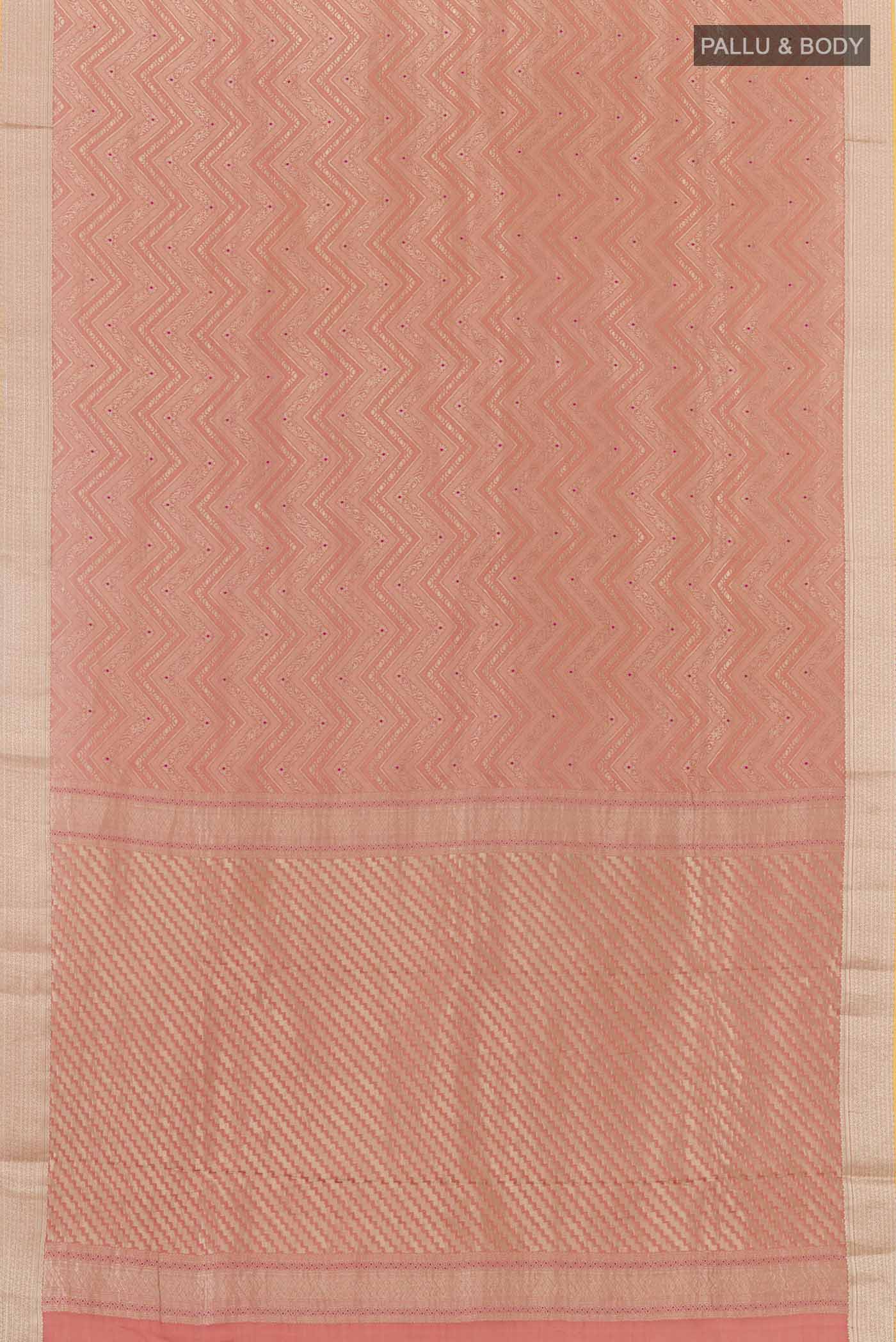 Flat view of Peach Mysore Crepe Saree with Zari Brocade on the body and Zari Border