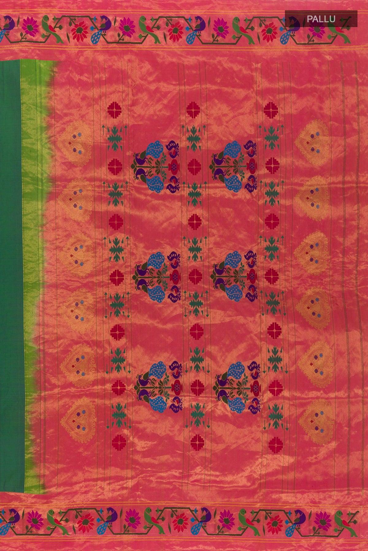 Close up image of the pallu of Green Gadwal Silk Saree with Zari Butta on the body and Paithani Border. 