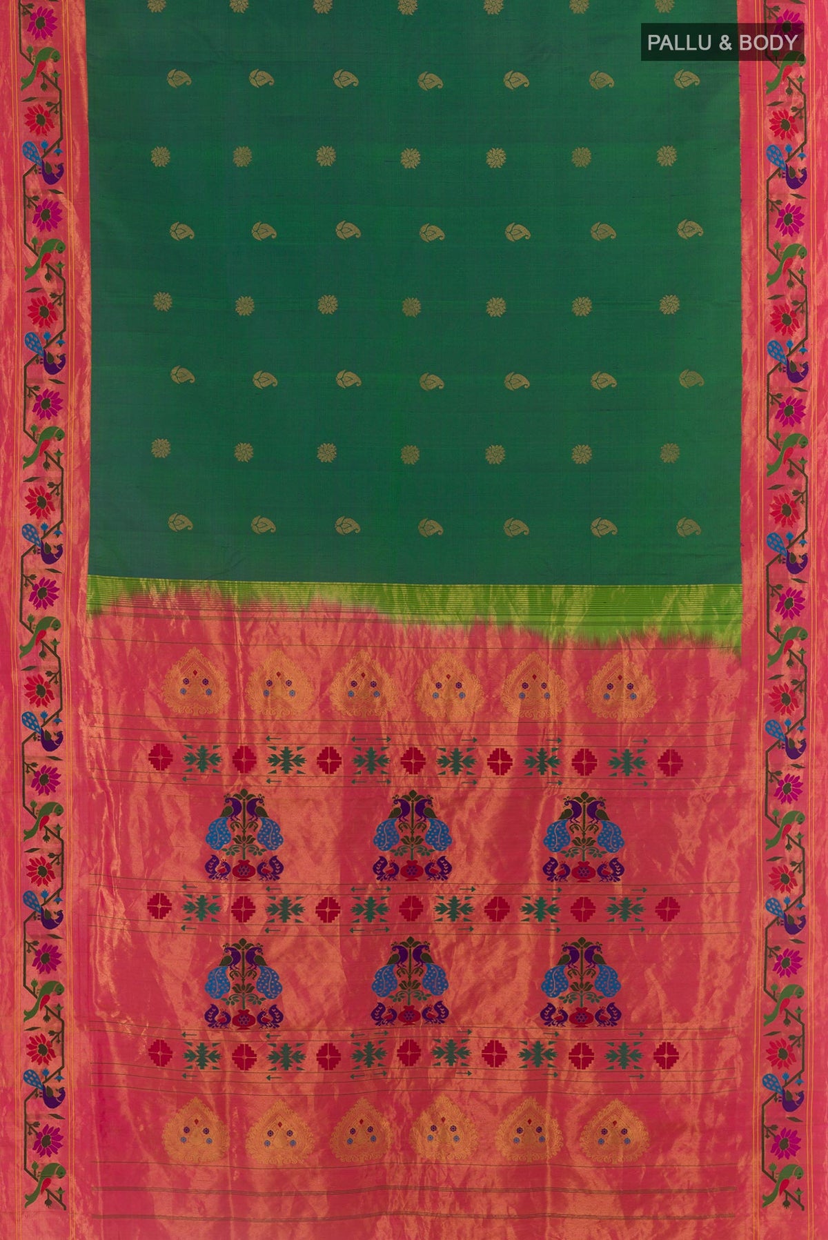Flat view of Green Gadwal Silk Saree with Zari Butta on the body and Paithani Border. 
