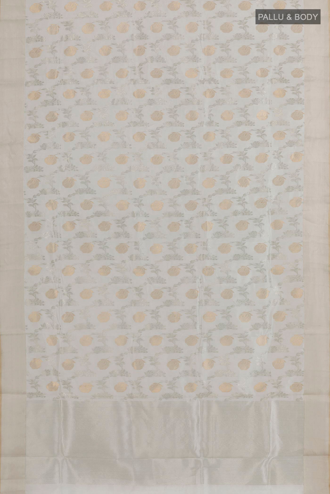 Flat view of Off White Chanderi Silk Saree with Zari Brocade on the body and Zari Border. 