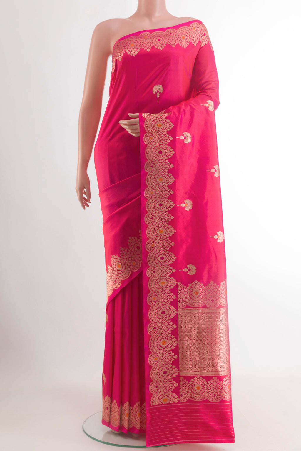 Pink Banarasi Katan Silk Saree with Zari Butta on the body and Zari Border.  displayed on a mannequin