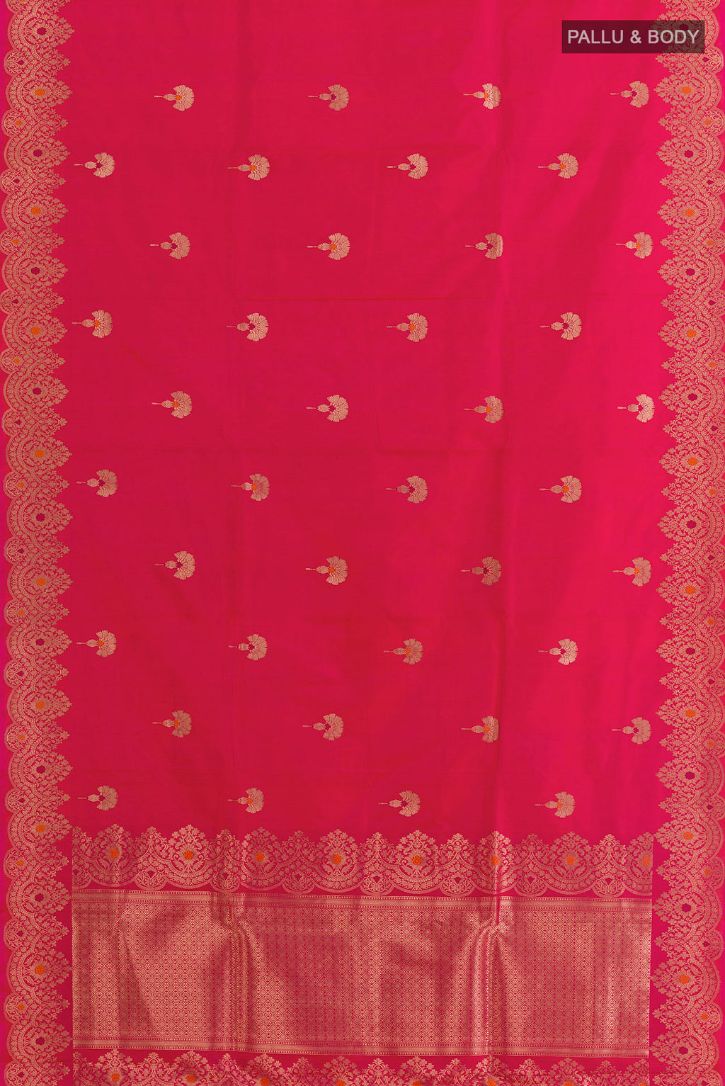 Flat view of Pink Banarasi Katan Silk Saree with Zari Butta on the body and Zari Border. 