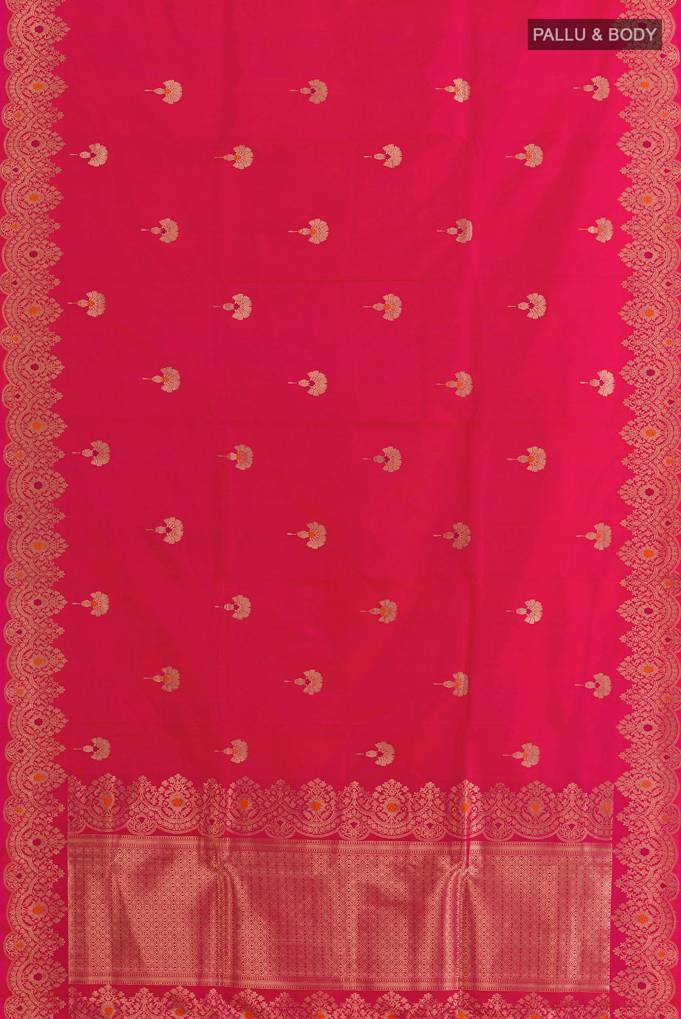 Flat view of Pink Banarasi Katan Silk Saree with Zari Butta on the body and Zari Border. 