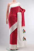Red Rajkot Patola Silk Saree with Pure Ikat on the body and Embroidery Border displayed on a mannequin
