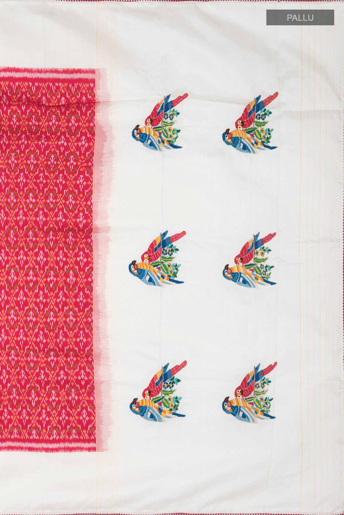 Close up image of the pallu of Red Rajkot Patola Silk Saree with Pure Ikat on the body and Embroidery Border