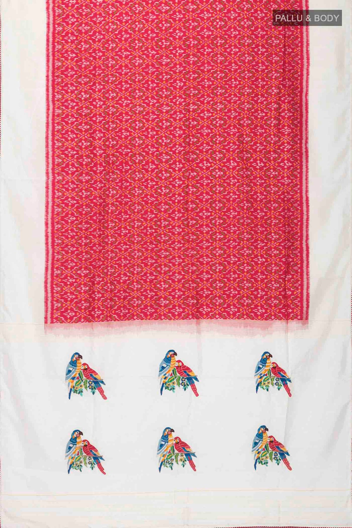 Flat view of Red Rajkot Patola Silk Saree with Pure Ikat on the body and Embroidery Border