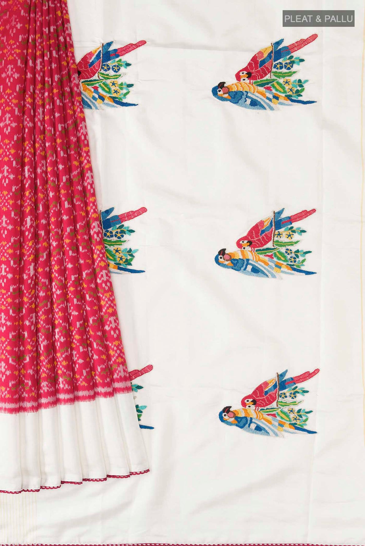 Pleats and pallu of Red Rajkot Patola Silk Saree with Pure Ikat on the body and Embroidery Border