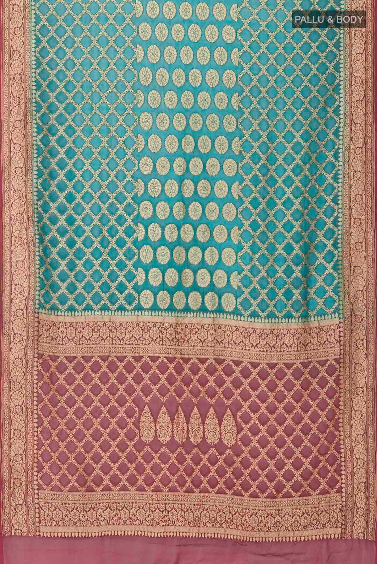 Flat view of Green Banarasi Georgette Saree with Zari Butta on the body and Zari Border