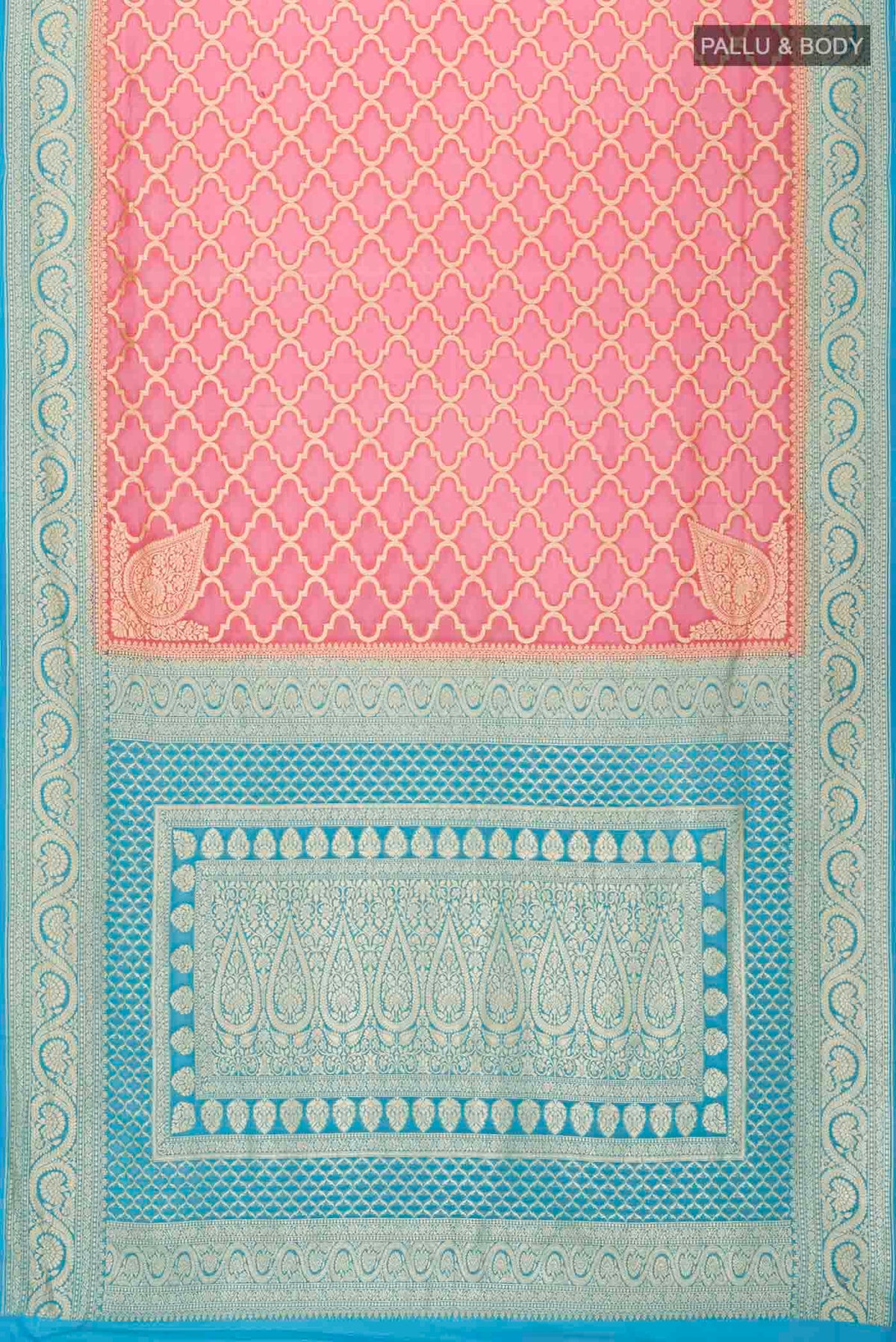 Flat view of Pink Banarasi Georgette Saree with Zari Butta on the body and Zari Border