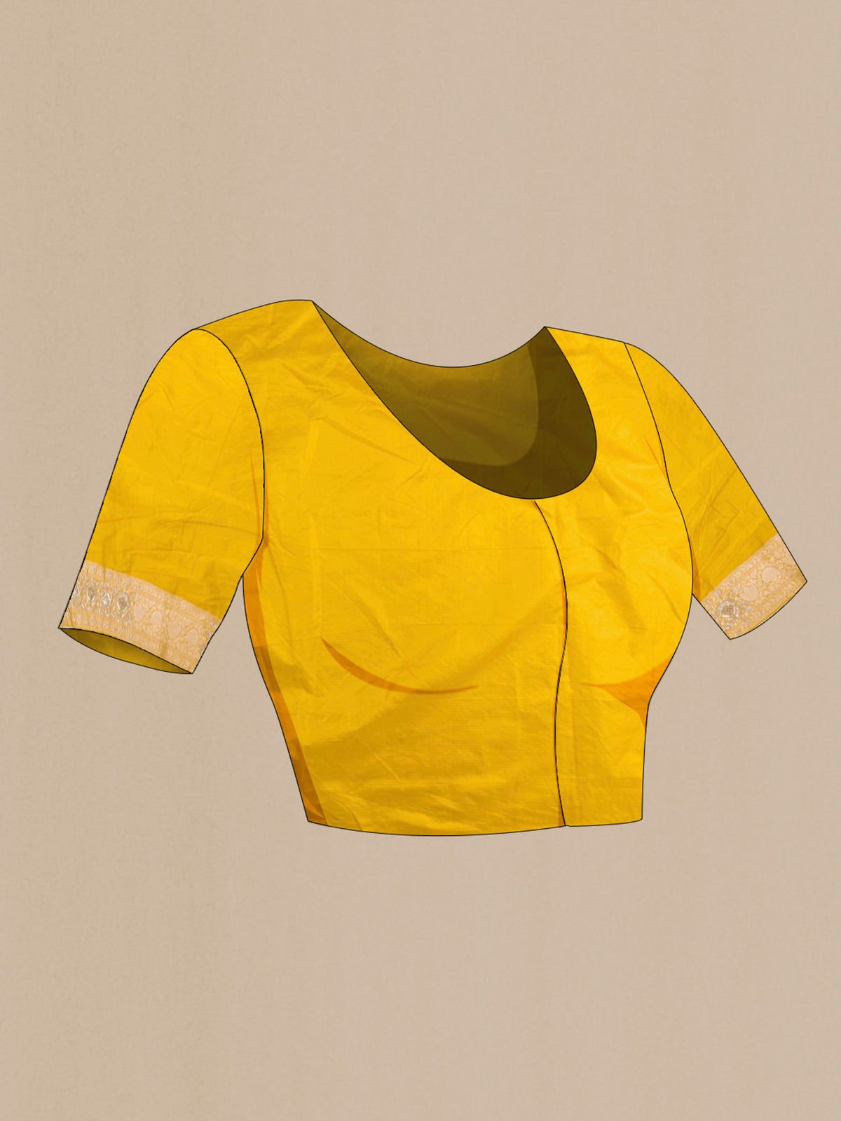 Close up image of the blouse of Yellow Banarasi Silk Saree with Zari Butta on the body and Sequin Border