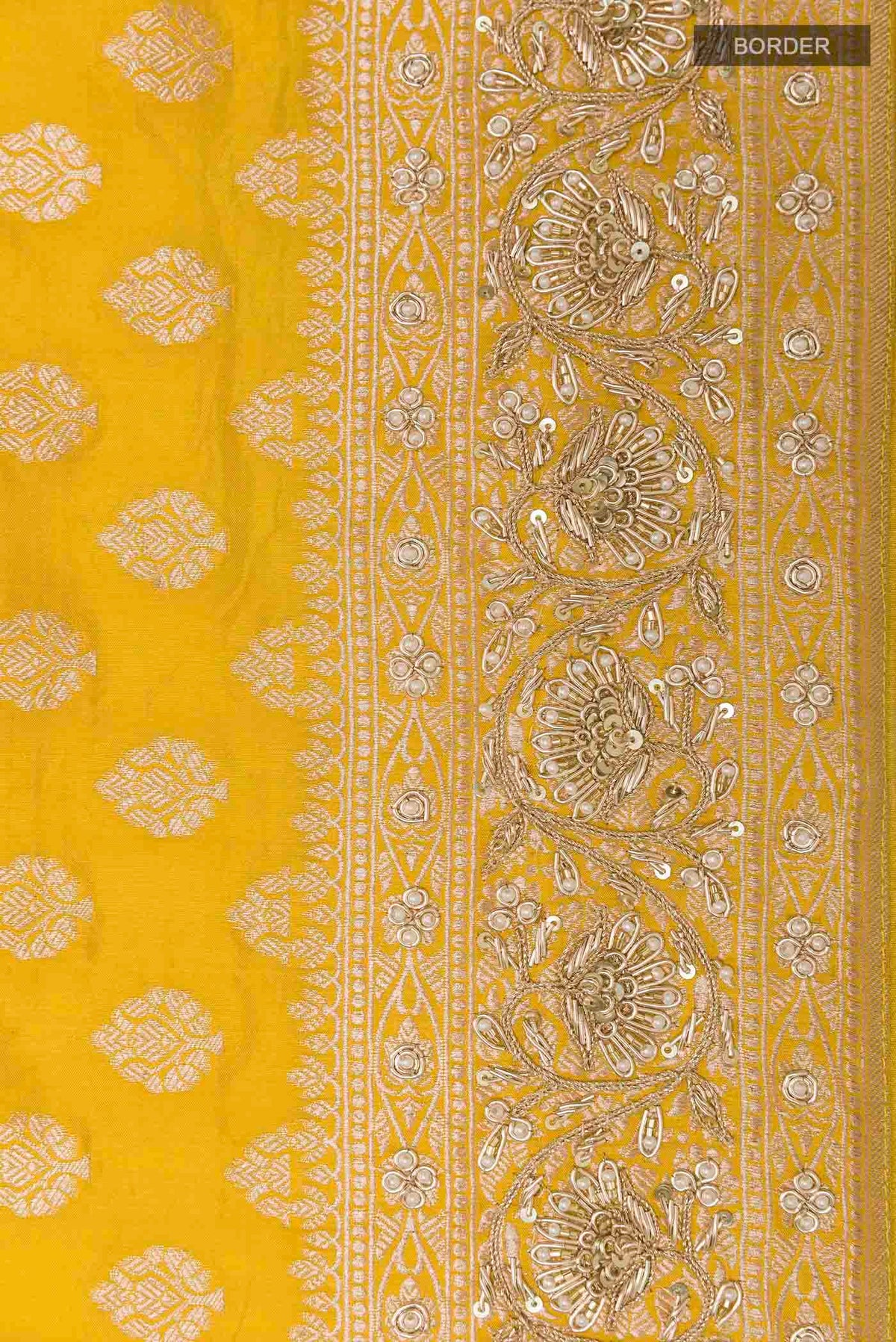 Border image of Yellow Banarasi Silk Saree with Zari Butta on the body and Sequin Border