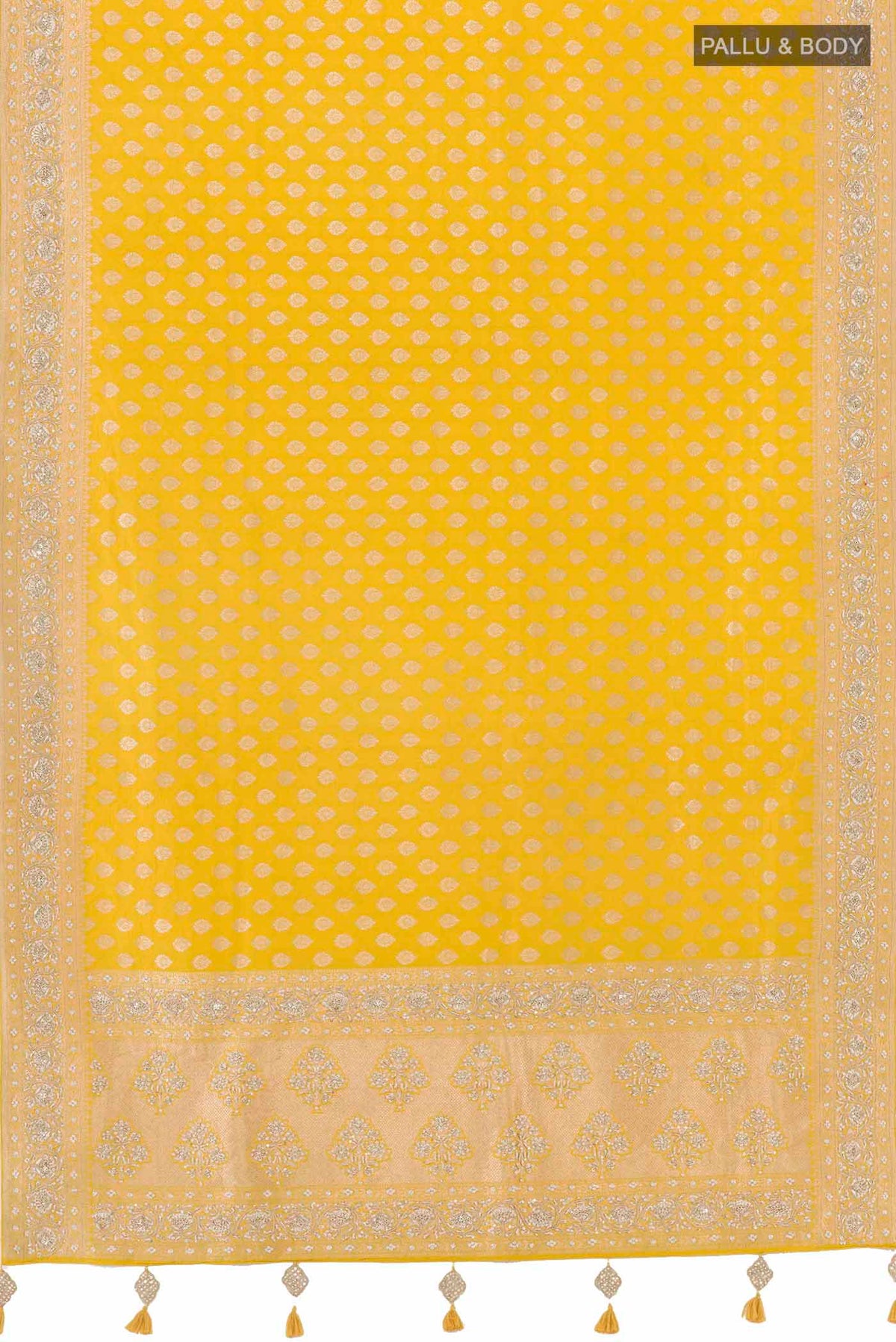 Flat view of Yellow Banarasi Silk Saree with Zari Butta on the body and Sequin Border