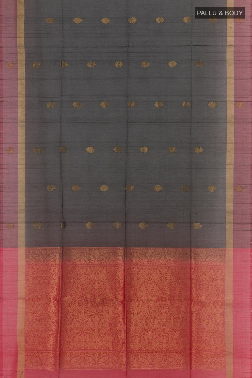 Flat view of Black Silk Cotton Saree with Zari Butta on the body and Zari Border. 