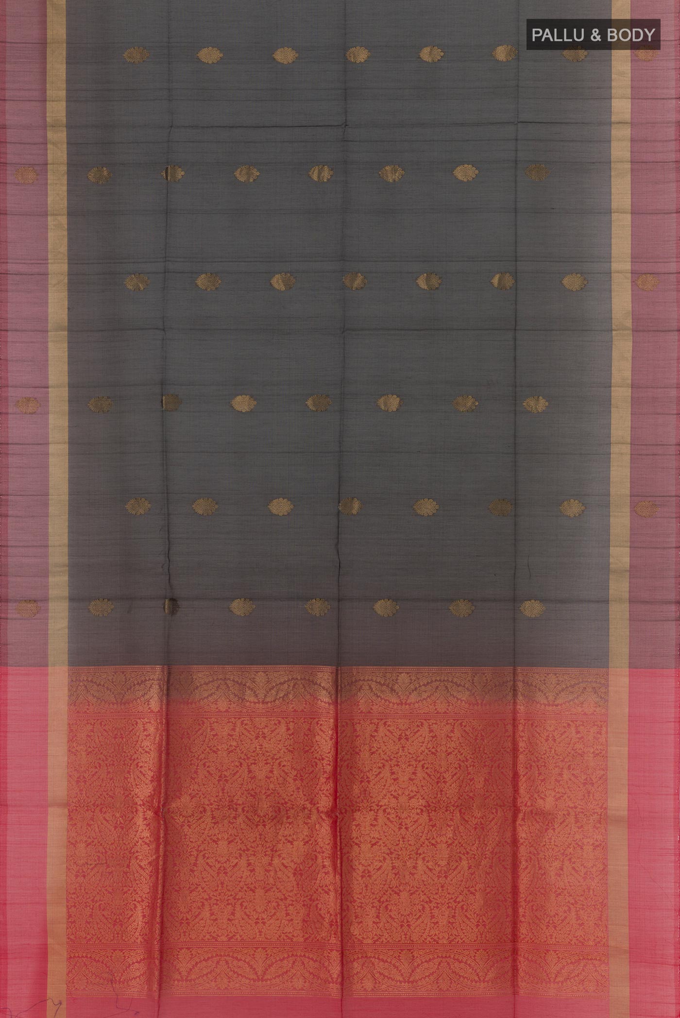 Flat view of Black Silk Cotton Saree with Zari Butta on the body and Zari Border. 