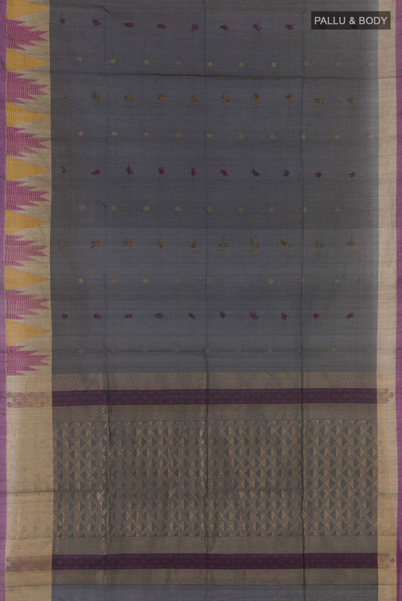 Flat view of Black Blended Kora Cotton Saree with Zari And Thread Butta on the body and Zari Border