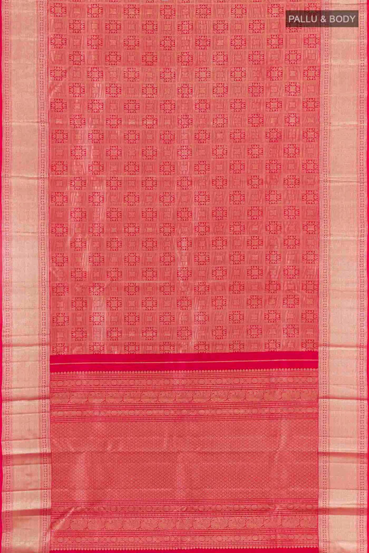 Flat view of Red Kanchipuram Silk Saree with Zari Brocade on the body and Zari Border
