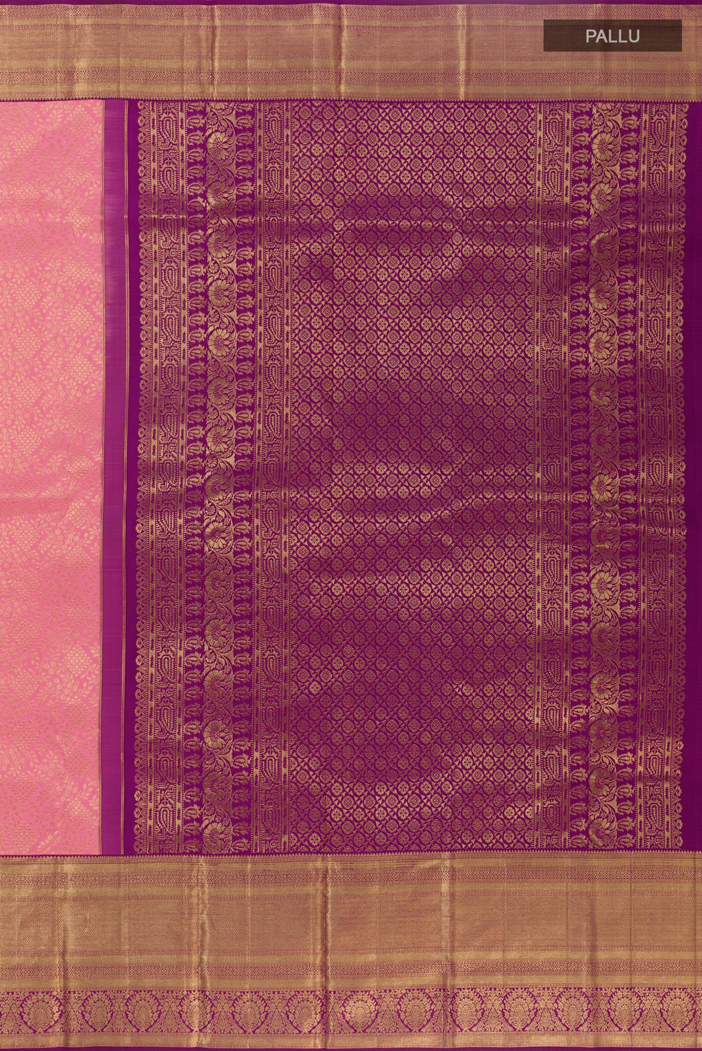 Close up image of the pallu of Rose pink Kanchipuram Silk Saree with Zari Brocade on the body and Zari Border. 