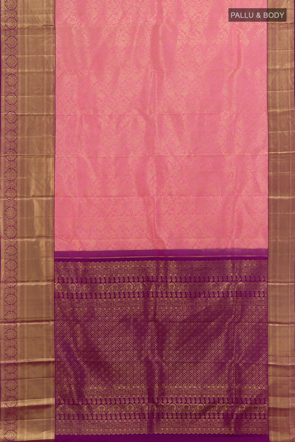 Flat view of Rose pink Kanchipuram Silk Saree with Zari Brocade on the body and Zari Border. 