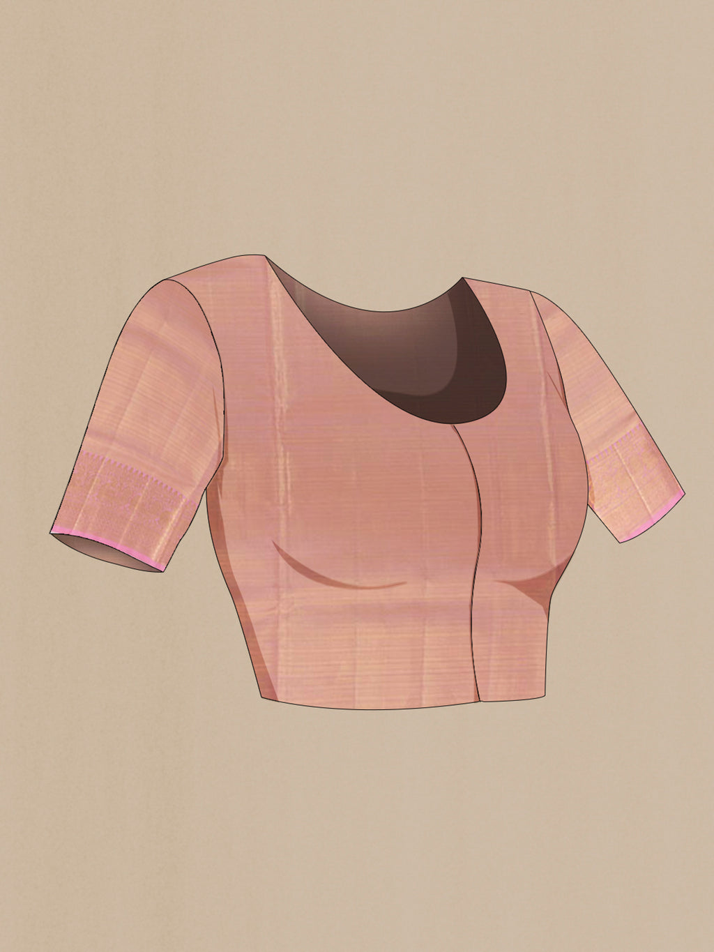 Close up image of the blouse of Rose Gold Kanjivaram Tissue Silk Saree with Zari Brocade on the body and Zari Border. 